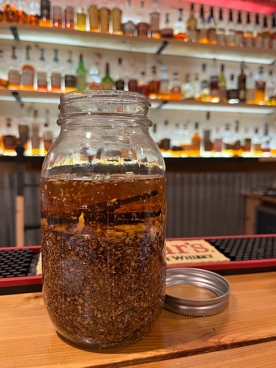ingredients for Barrel Bitters; toasted oak chips; recipe for bitters; how to make bitters
