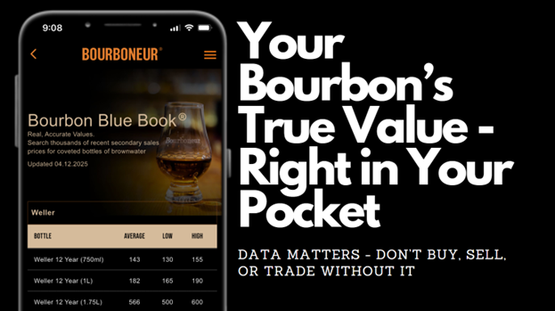 Screenshot of the Bourboneur App showing Bourbon Blue Book® pricing and features with tagline 