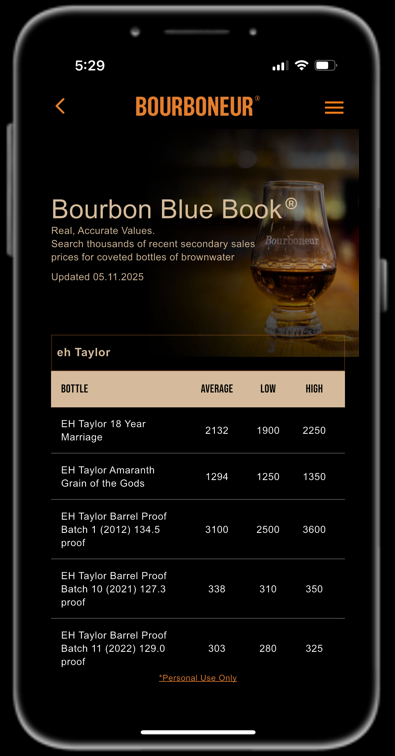 Bourboneur app screenshot of Bourbon Blue Book showing secondary market prices for rare bourbons