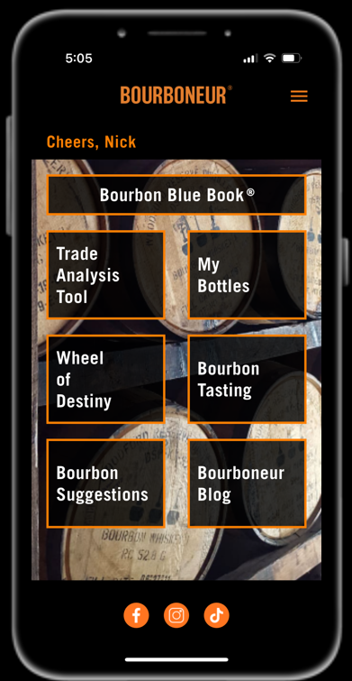 Screenshot of Bourboneur app main dashboard showing bourbon collection value and market trends