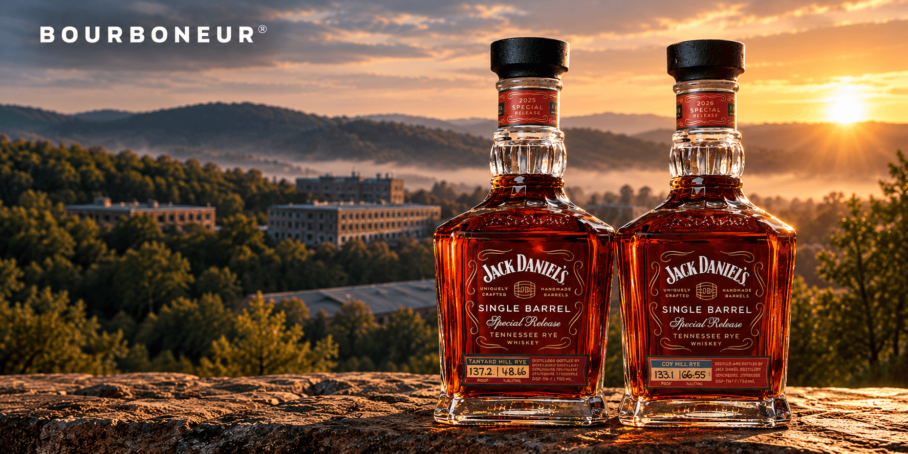 Jack Daniel's Tanyard Hill Rye and Coy Hill Rye bottles displayed against a scenic Tennessee hillside backdrop.